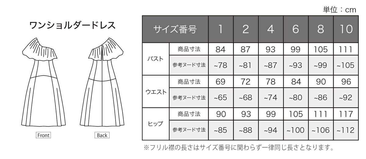 フリルワンショルダードレス　サイズ表