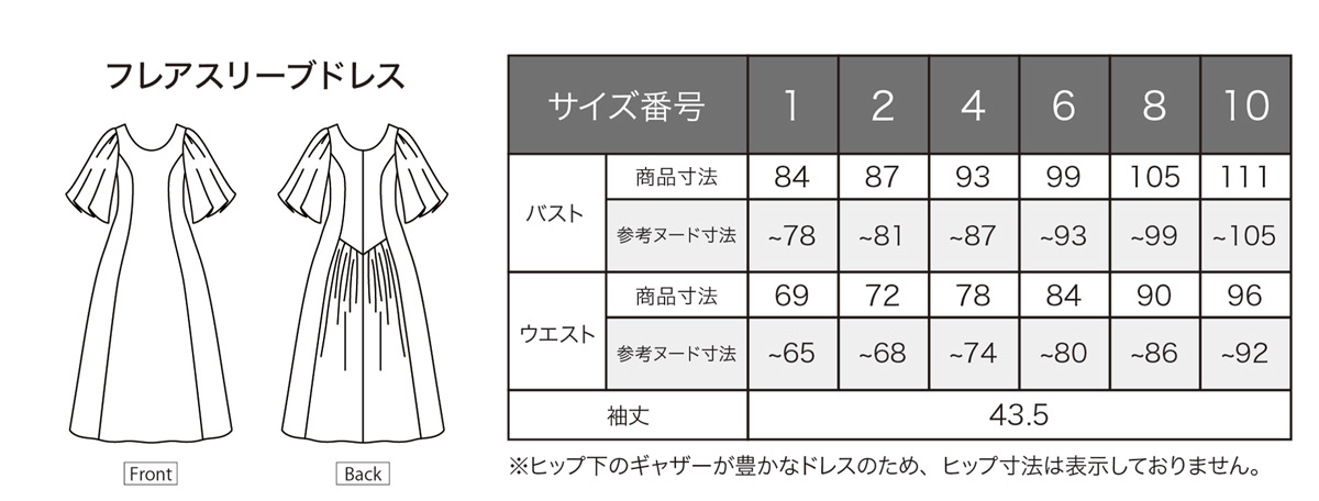 フレアスリーブドレス　サイズ表